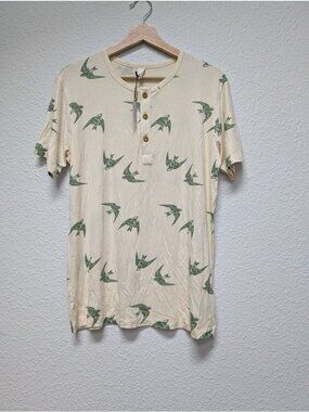 Men's Small Henley Tee Green Birds Modal Kate Quinn Shirt